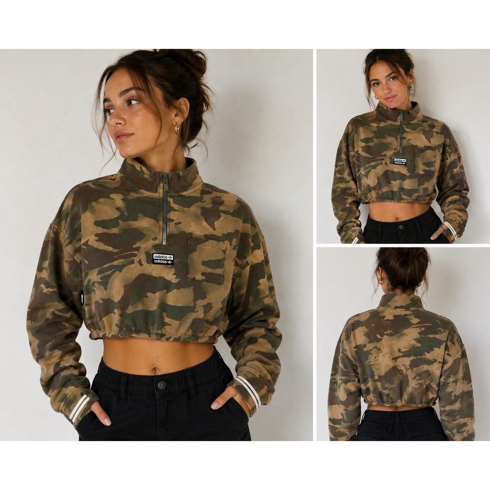 Adidas Originals Womens Cropped Camo Quarter Zip Utility Sweatshirt Large - Picture 1 of 12